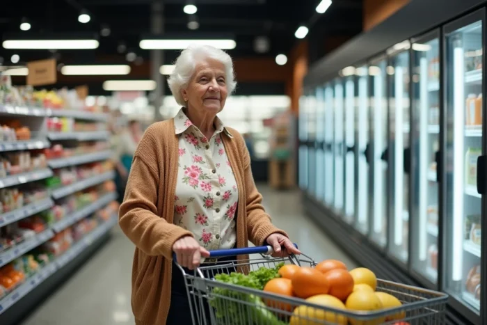 Femme âgée faisant ses courses dans un supermarché moderne, poussant un caddie rempli de produits alimentaires