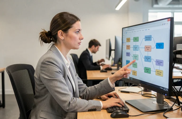 Femme professionnelle analysant un sitemap de site web sur un écran d'ordinateur dans un bureau moderne