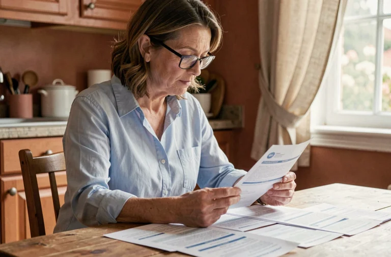 Femme d'une cinquantaine d'années comparant des documents de mutuelle santé à une table en bois dans une cuisine chaleureuse
