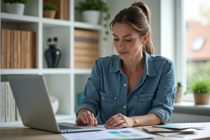 Femme comparant des échantillons de matériaux et des devis travaux sur ordinateur depuis son bureau