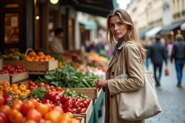 Femme faisant ses courses au marché traditionnel français, sélectionnant des légumes frais sur un étal en plein air