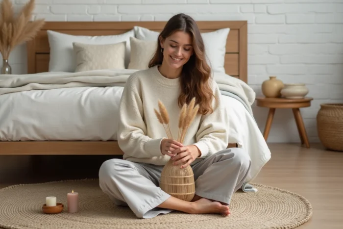 Femme arrangeant des fleurs séchées dans une chambre décorée avec soin, ambiance cocooning avec tapis en laine et linge de lit naturel