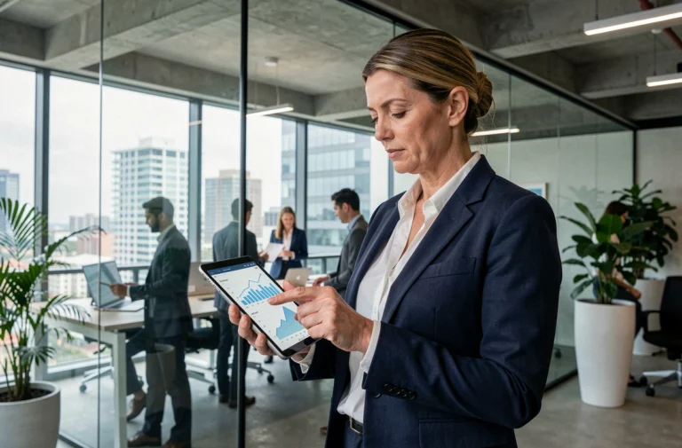 Femme cadre dirigeante analysant des données B2B sur une tablette dans un bureau moderne et collaboratif