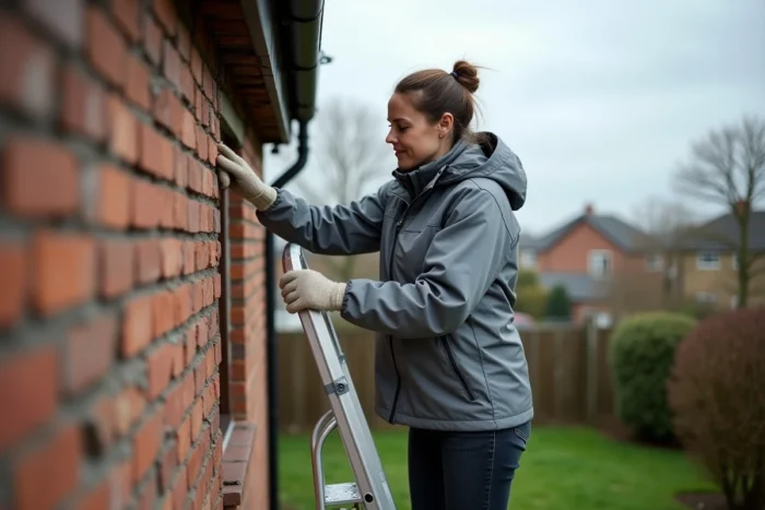 Femme sur une échelle inspectant les joints de brique abîmés sur une façade après l'hiver