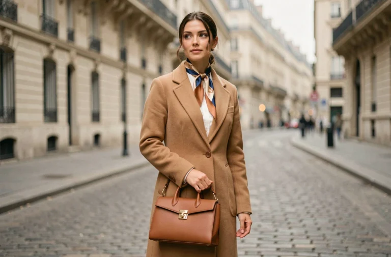 Femme élégante portant un sac en cuir cognac et un foulard en soie dans une rue parisienne pavée