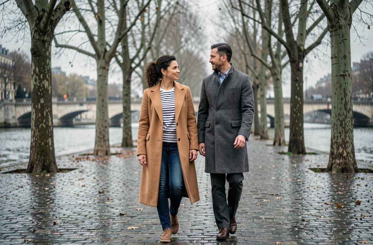 Femme élégante et son compagnon discret se promenant au bord de la Seine à Paris