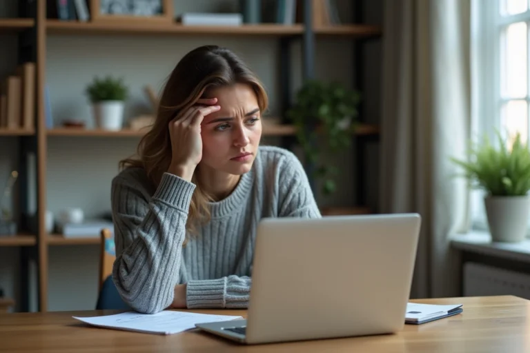 Femme frustrée devant un ordinateur portable affichant une erreur de connexion à un espace client en ligne