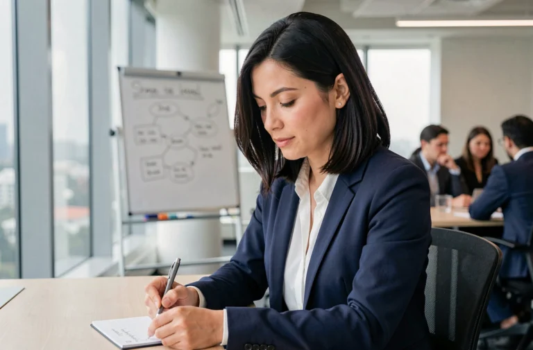 Femme professionnelle prenant des notes lors d'une formation en entreprise dans une salle de conférence moderne