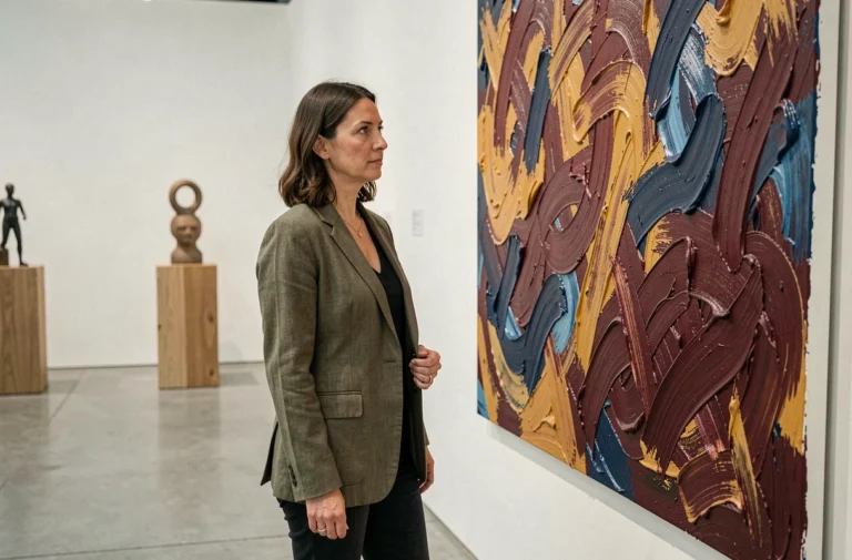 Femme contemplant une grande toile abstraite aux couleurs vives dans une galerie d'art contemporain épurée