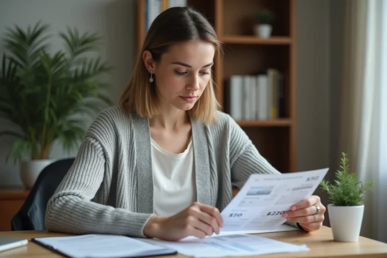Femme consultant des documents financiers et relevés bancaires à son bureau à domicile pour gérer son budget