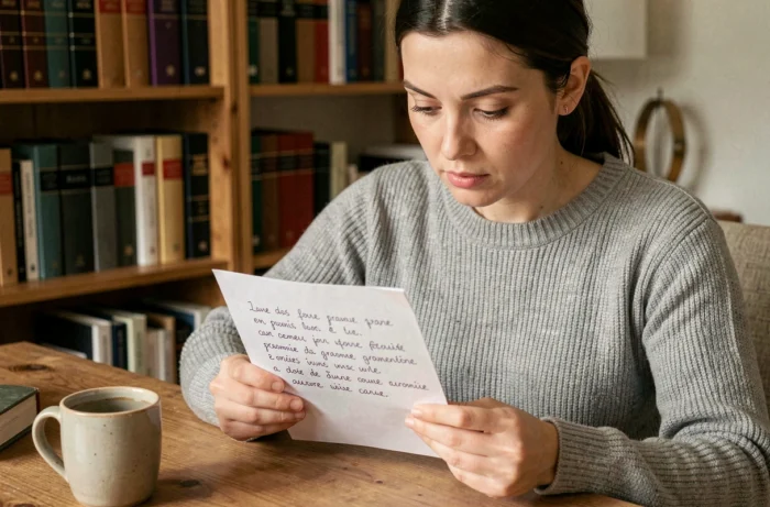 Femme relisant une règle de grammaire française sur une feuille manuscrite à son bureau