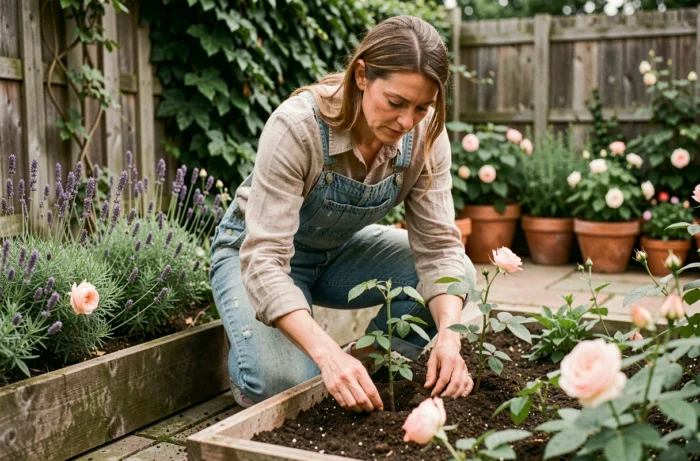 Femme jardinant dans un potager naturel avec des herbes aromatiques et des roses grimpantes dans un jardin accueillant