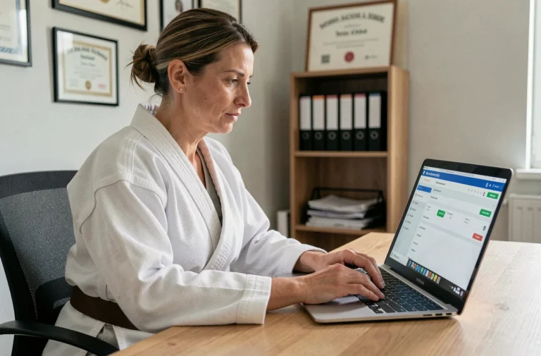Femme judoka en judogi blanc gérant les grades de son club sur un extranet depuis un bureau administratif de dojo