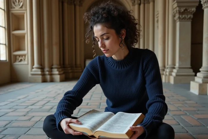 Femme lisant une Bible illustrée avec annotations numériques dans une chapelle romane en pierre