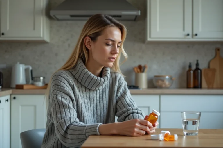 Femme d'une quarantaine d'années tenant un flacon de Levothyrox en regardant son dosage avec une expression fatiguée dans une cuisine moderne