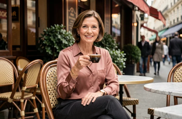 Femme élégante en chemisier soie rose assise en terrasse de café parisien, expression confiante et détendue