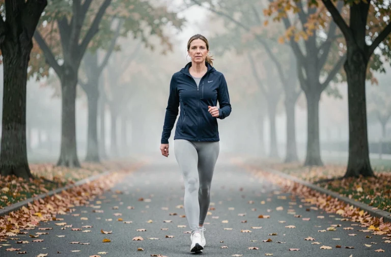 Femme marchant rapidement sur un chemin urbain bordé d'arbres en automne pour illustrer les bienfaits de marcher 8 heures par jour