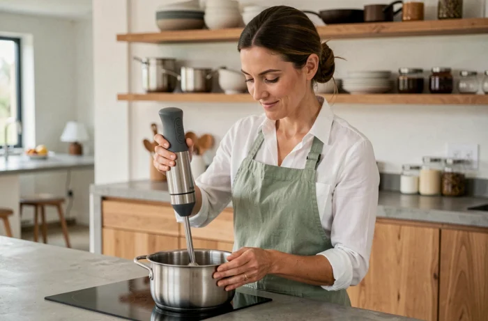 Femme utilisant un mixeur plongeant dans une cuisine ouverte moderne avec des équipements de qualité