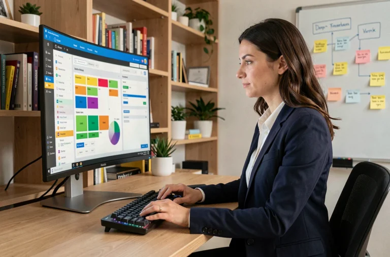 Femme professionnelle utilisant des outils digitaux de gestion de projet sur un grand écran dans un bureau à domicile organisé