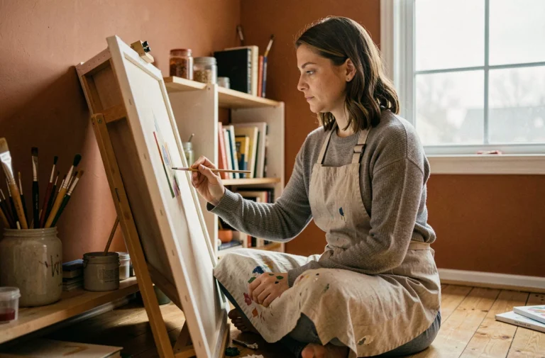 Femme adulte peignant sur toile dans un atelier créatif chaleureux, activité loisir artistique à domicile