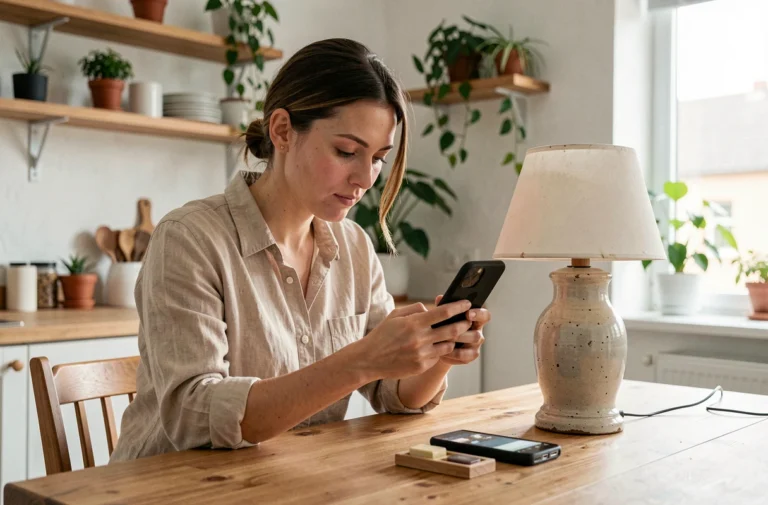 Femme prenant en photo un objet d'occasion avec son smartphone pour publier une petite annonce gratuite en ligne