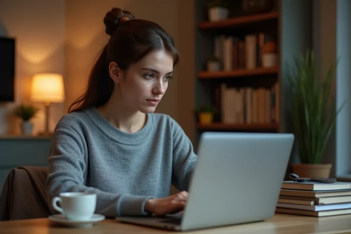 Femme utilisant une plateforme d'informations innovante sur son ordinateur portable dans un bureau à domicile