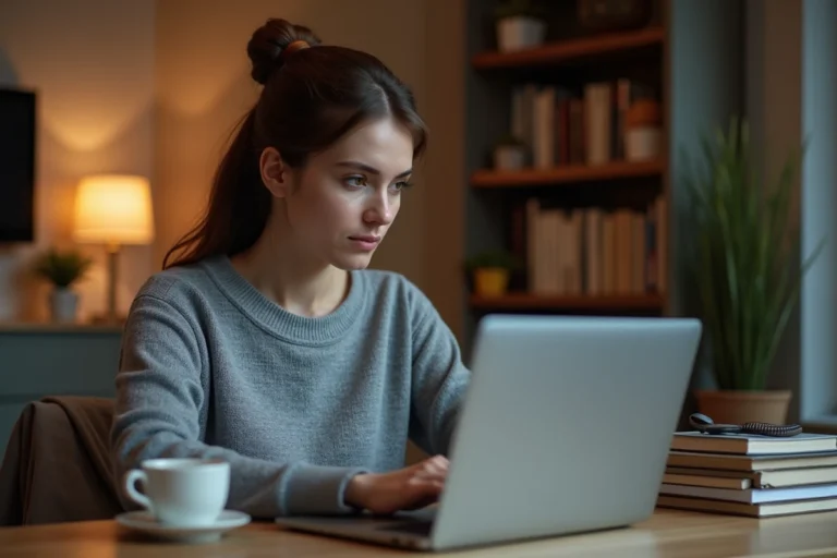 Femme utilisant une plateforme d'informations innovante sur son ordinateur portable dans un bureau à domicile