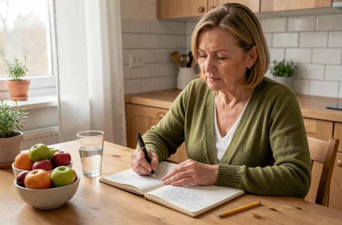 Femme prenant des notes sur la prévention des maladies courantes dans sa cuisine