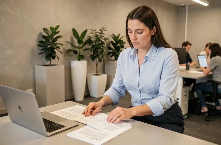 Femme professionnelle consultant des documents liés aux contrats aidés dans un bureau moderne en 2024
