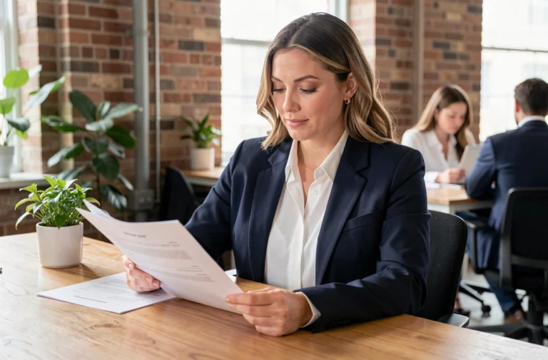 Femme professionnelle en veste marine révisant son CV dans un espace de coworking moderne, illustrant l'optimisation du parcours professionnel