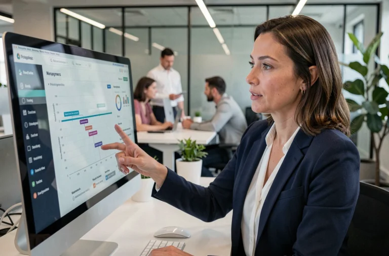 Professionnelle utilisant un logiciel de gestion de projet Grovop sur un écran dans un bureau moderne en 2026