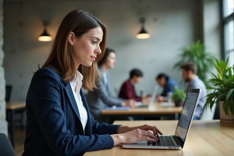 Femme consultant des ressources de formation professionnelle sur un ordinateur portable dans un espace de coworking moderne