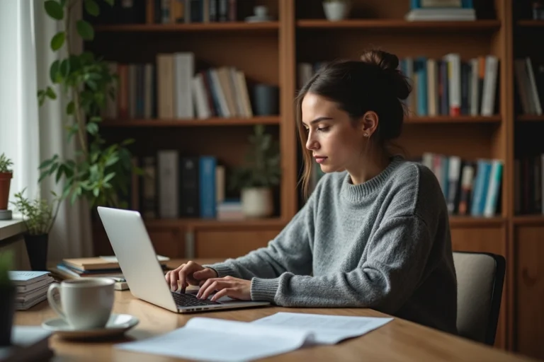 Femme rédigeant un avis en ligne sur un film depuis son bureau à domicile