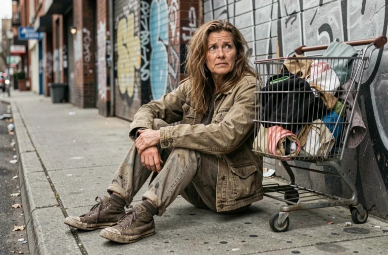 Femme sans-abri assise sur un trottoir urbain avec un chariot rempli d'affaires personnelles, évoquant la précarité et la résilience
