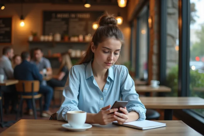 Femme cherchant sur son smartphone comment accéder à un site web indisponible depuis un café