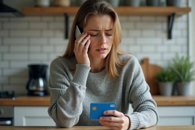 Femme appelant le service d'opposition Banque Postale après perte de sa carte bancaire