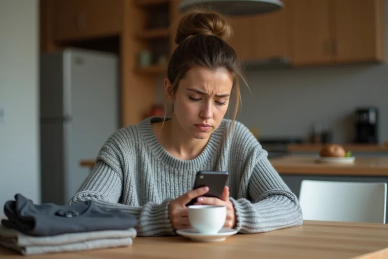 Femme inquiète vérifiant un virement Mangopay en attente sur son smartphone à la maison