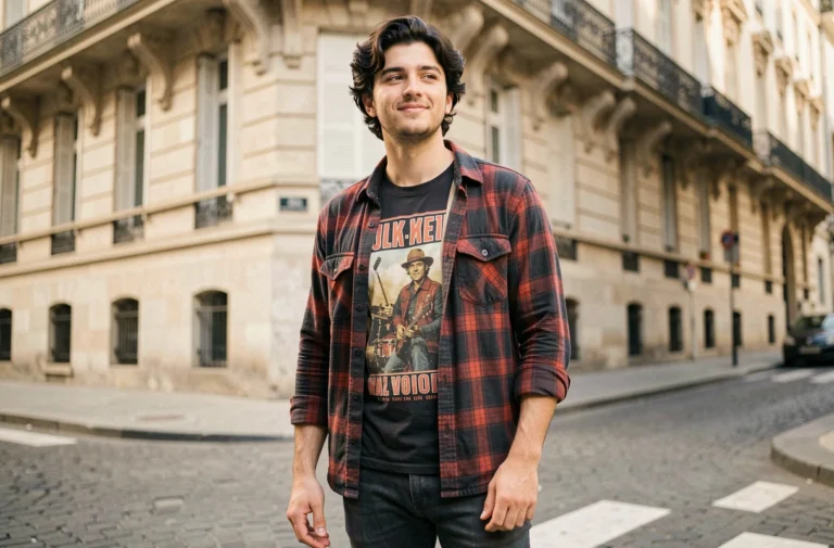 Jeune homme aux cheveux bruns bouclés en tenue décontractée dans une rue pavée de Paris, style éditorial