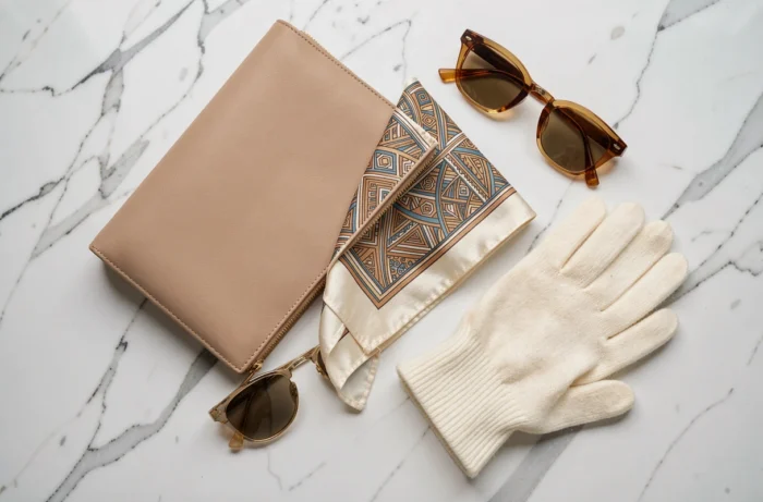 Plat lay élégant d'accessoires de luxe sur marbre blanc : pochette en cuir, foulard en soie, lunettes et gants en cachemire