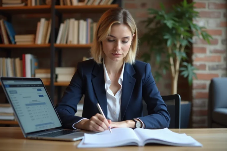 Femme professionnelle en formation continue prenant des notes dans un espace de coworking moderne