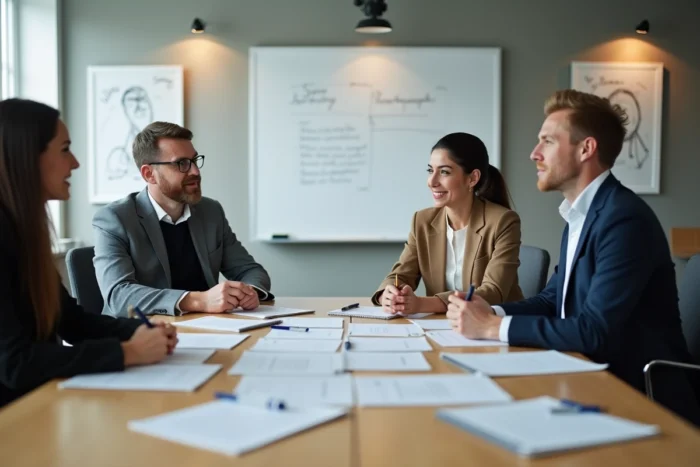 Groupe de professionnels en session de formation et développement de carrière autour d'une table de conférence