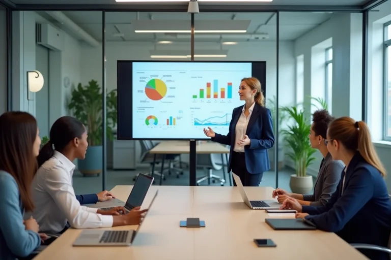Formatrice professionnelle animant une session de formation en entreprise dans une salle de réunion moderne avec des salariés attentifs