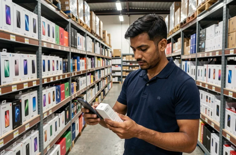 Homme examinant des boîtes de smartphones dans un entrepôt de fournisseurs de téléphones mobiles à prix d'usine