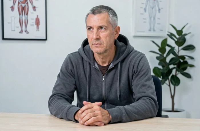 Homme d'âge mûr assis dans un cabinet médical minimaliste évoquant un suivi de maladie auto-immune, expression sérieuse et calme