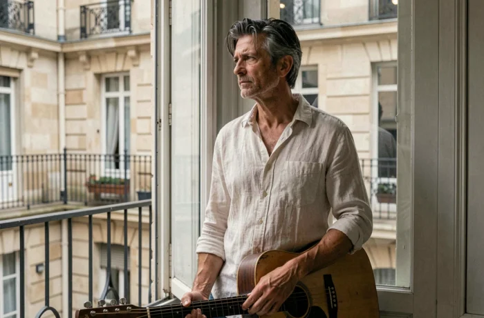 Musicien français tenant une guitare acoustique près d'une fenêtre donnant sur une cour parisienne, regard introspectif évoquant la résilience face à la maladie