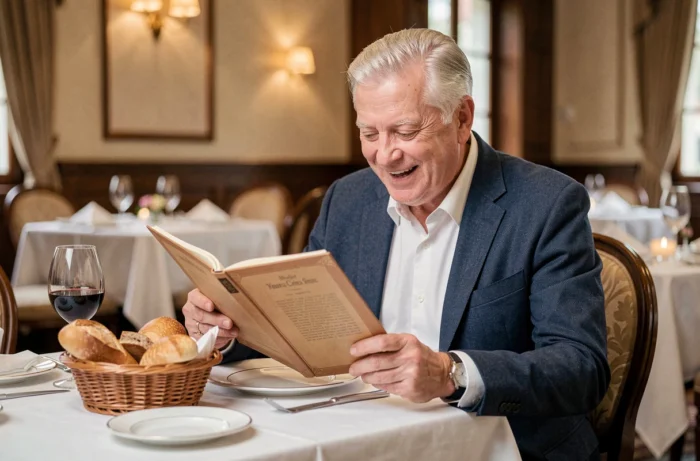 Homme de 60 ans gastronome étudiant un menu avec délectation dans un restaurant élégant