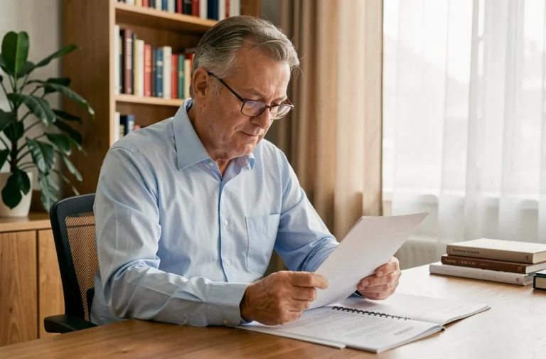 Homme senior en train de vérifier ses documents de congés payés avant son départ à la retraite dans un bureau à domicile