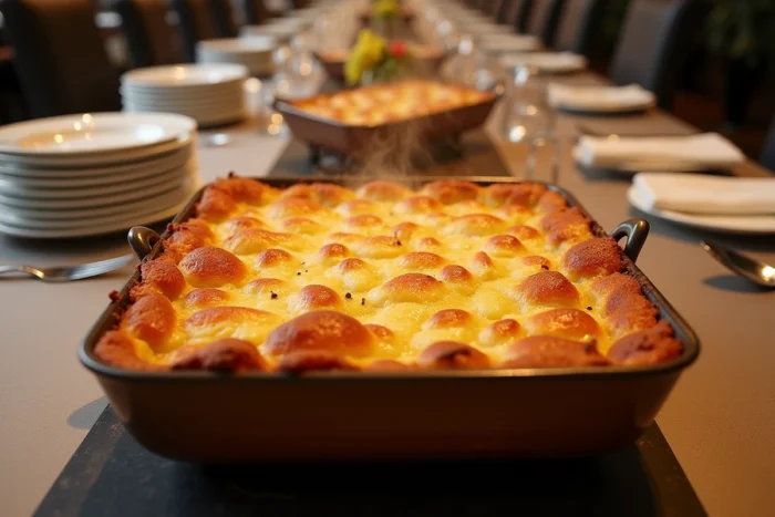Grand gratin Jacqueline doré au four servi sur une table de réception pour 40 invités