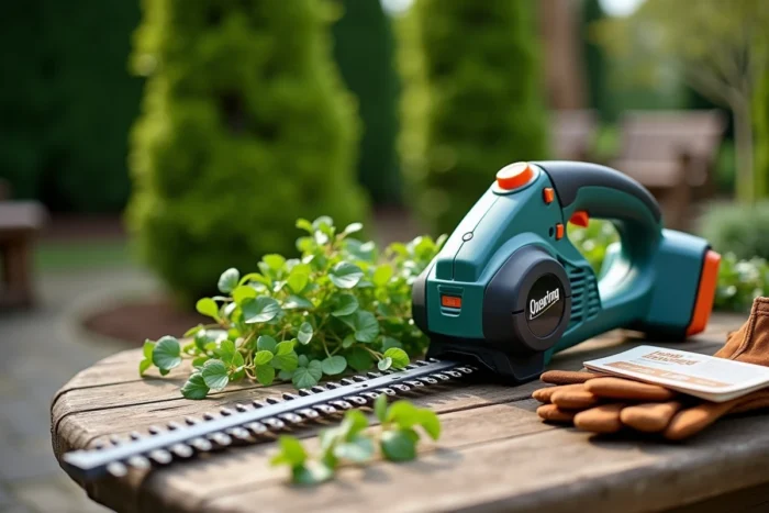 Gros plan d'un taille-haie électrique sans fil posé sur une table en bois avec des accessoires de jardinage