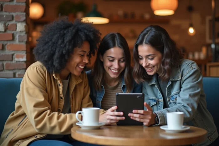 Groupe d'amis discutant des avis en ligne sur un film autour d'une tablette dans un café